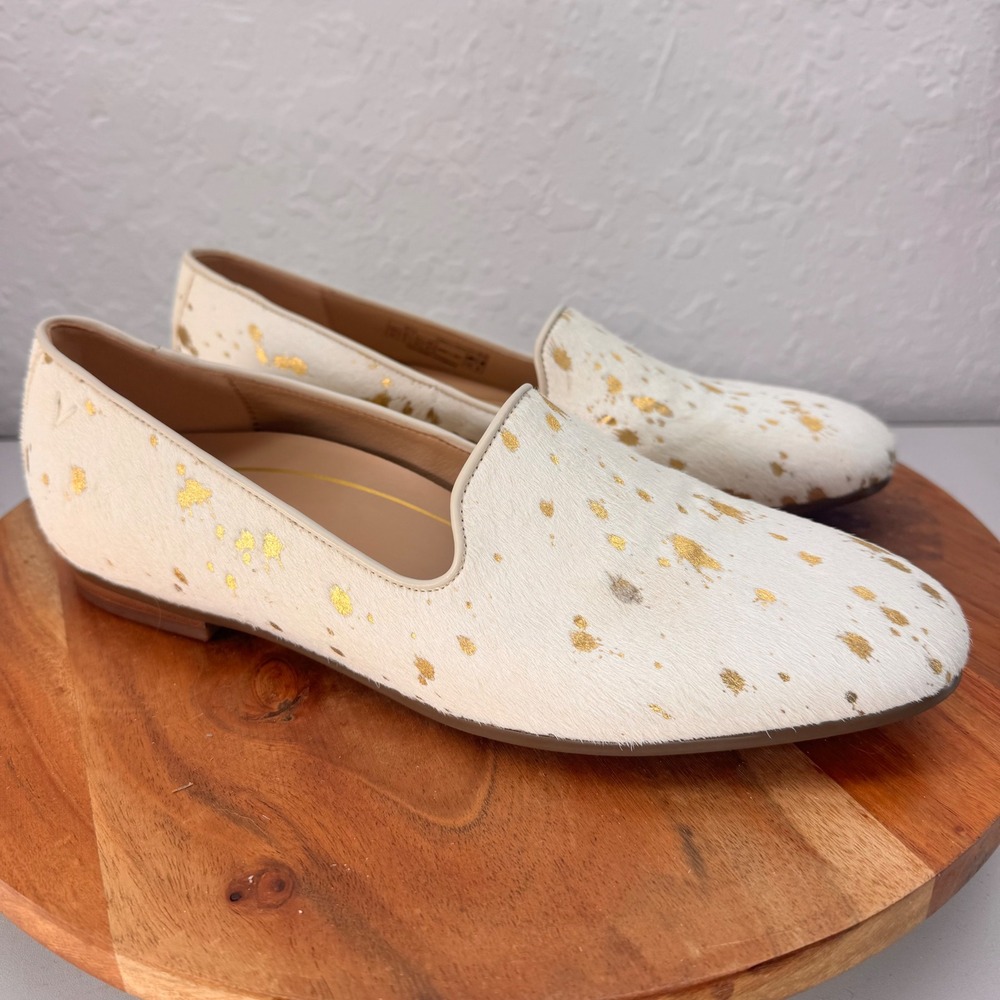 Vionic Willa White Gold Splatter Calf Hair Loafers Flats Womens 10 Orthotic